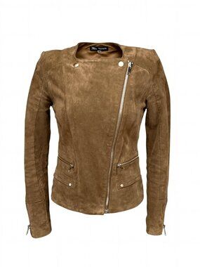 MNG Genuine Suede Leather Brown Moto Jacket Size XS